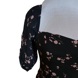 Reformation Zippy Black Pink Floral Midi Dress Sweetheart Puff Sleeve Smocked  0